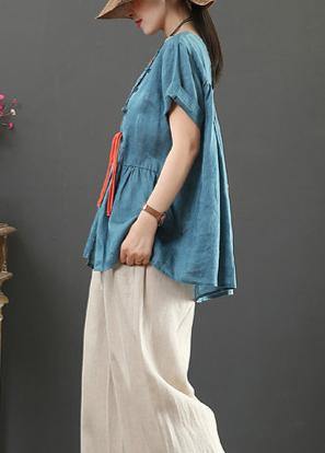 Blue Linen Linen Tops O Neck Cinched Oversized Shirts