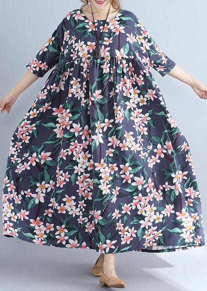 Blue Print Chiffon Quilting Clothes Half Sleeve Cinched Chiffon Summer Dress