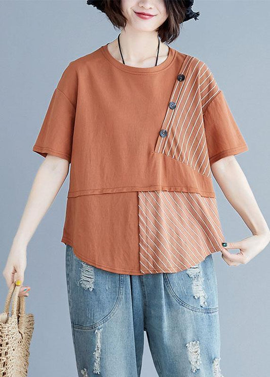 Brown Cotton Shirts O Neck Patchwork Loose Summer Top