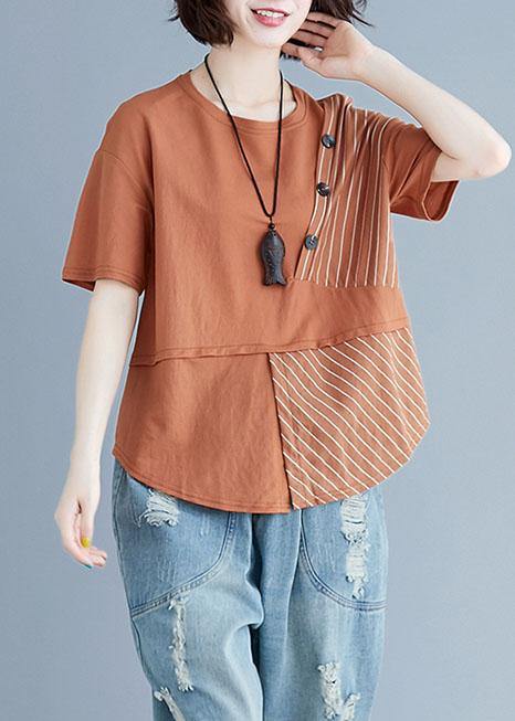 Brown Cotton Shirts O Neck Patchwork Loose Summer Top
