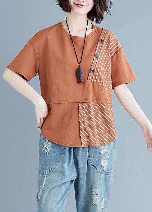 Brown Cotton Shirts O Neck Patchwork Loose Summer Top