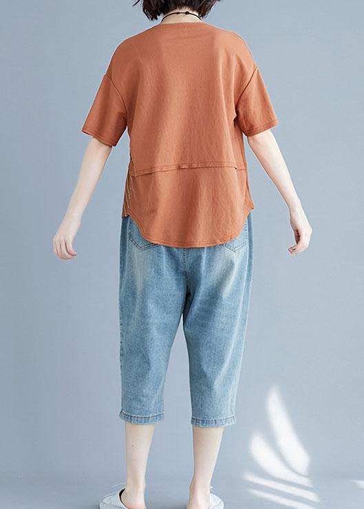 Brown Cotton Shirts O Neck Patchwork Loose Summer Top