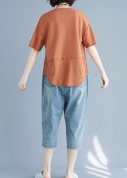 Brown Cotton Shirts O Neck Patchwork Loose Summer Top