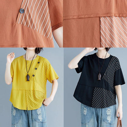 Brown Cotton Shirts O Neck Patchwork Loose Summer Top
