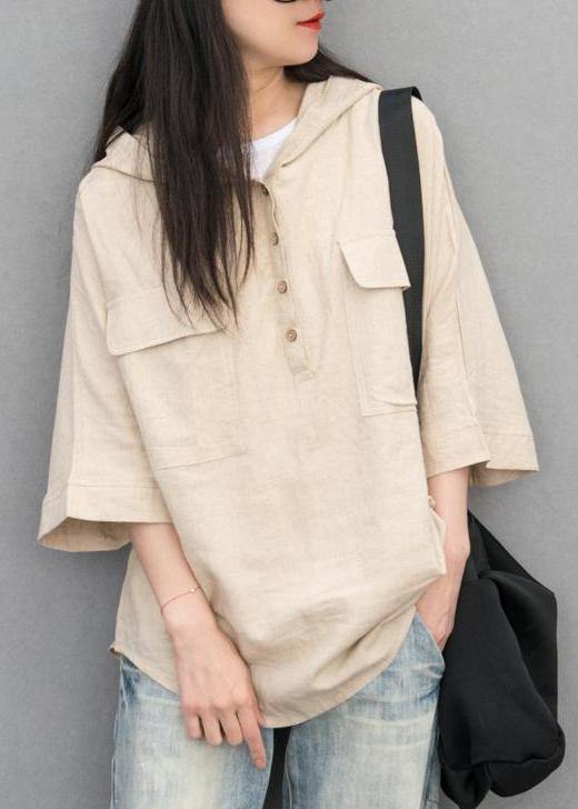 Cotton Linen Tunic Pattern Batwing Sleeve Color Hooded Blouse