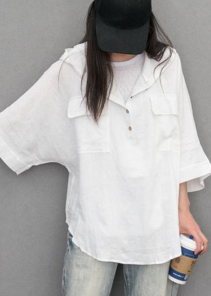 Cotton Linen Tunic Pattern Batwing Sleeve Color Hooded Blouse