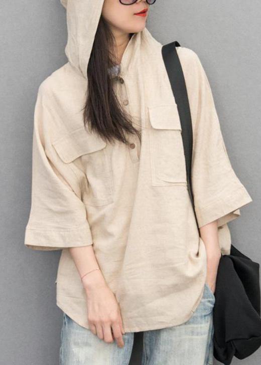 Cotton Linen Tunic Pattern Batwing Sleeve Color Hooded Blouse