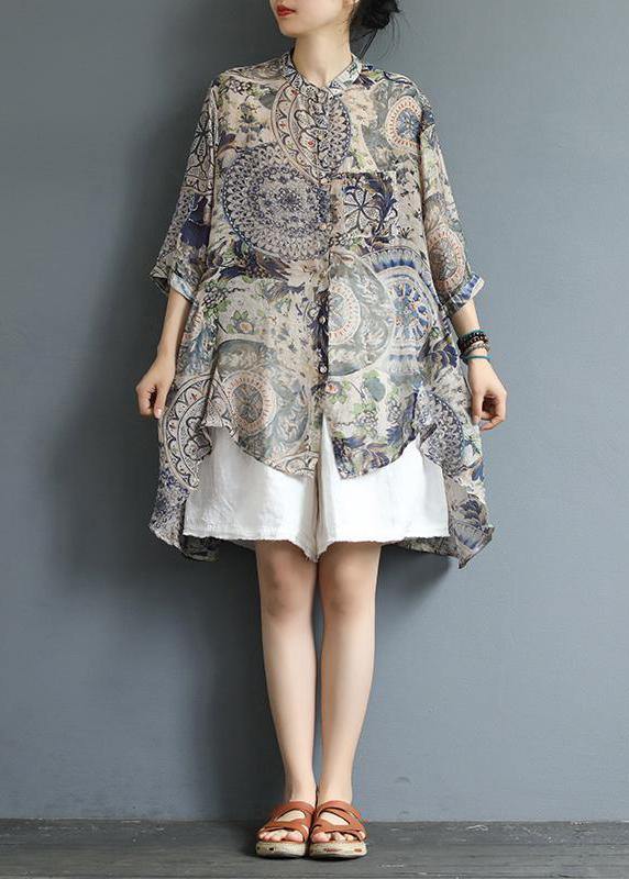 Cotton Tunic Top Korea Retro Printed High Low Hem Comfortable Blouse