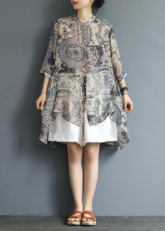 Cotton Tunic Top Korea Retro Printed High Low Hem Comfortable Blouse