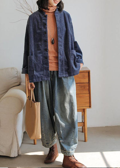 Dark Blue Cotton Blouse Stand Collar Pockets Tunic Shirts