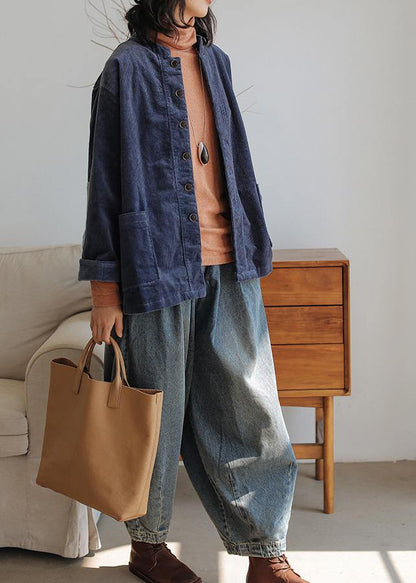 Dark Blue Cotton Blouse Stand Collar Pockets Tunic Shirts