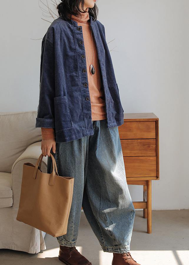 Dark Blue Cotton Blouse Stand Collar Pockets Tunic Shirts