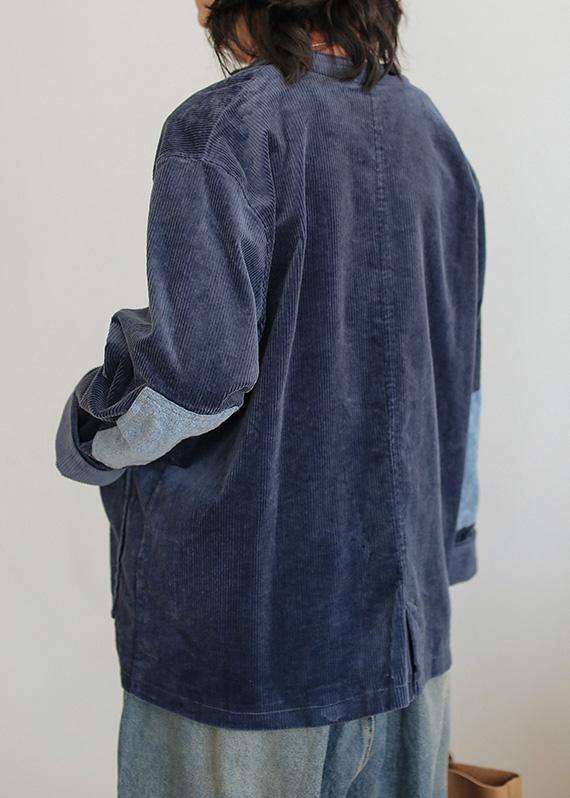 Dark Blue Cotton Blouse Stand Collar Pockets Tunic Shirts