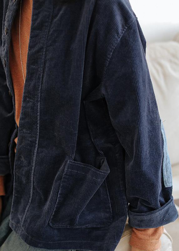 Dark Blue Cotton Blouse Stand Collar Pockets Tunic Shirts