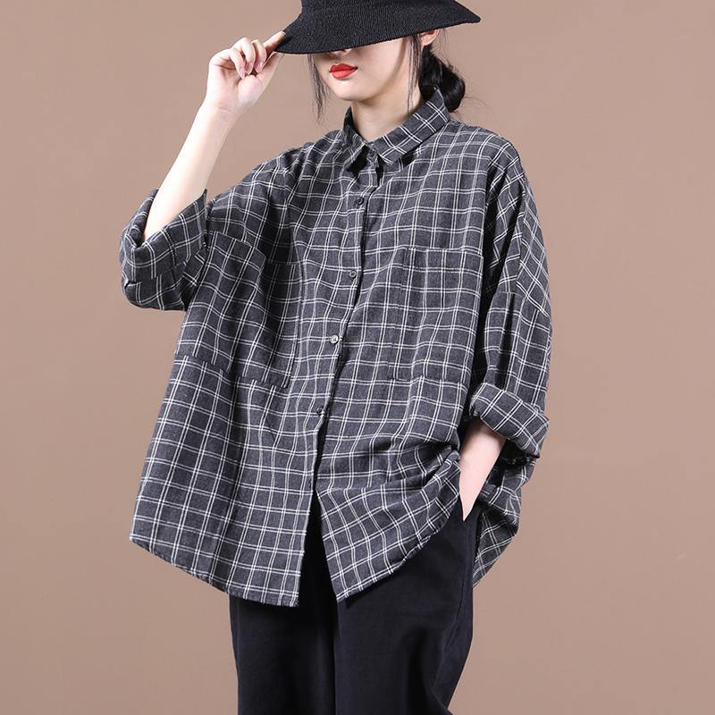 Black Plaid Shirts Lapel Pockets Dresses Shirt