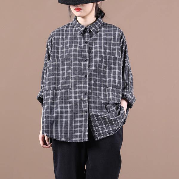 Black Plaid Shirts Lapel Pockets Dresses Shirt