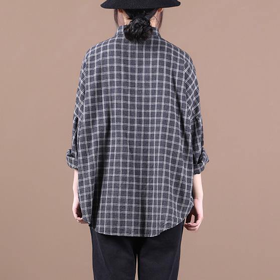 Chic black plaid shirts women lapel pockets Dresses shirt