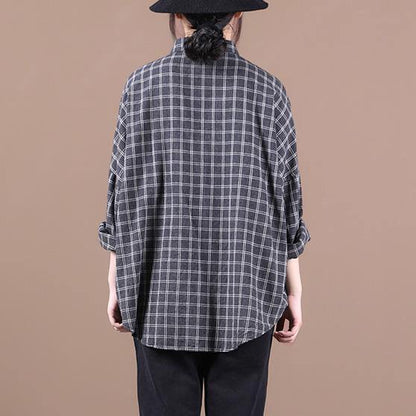 Chic black plaid shirts women lapel pockets Dresses shirt