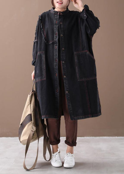 Denim Black Coat for Woman Tutorials Stand Collar Button Down Coats