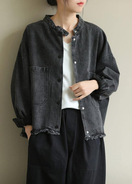 Denim Black Clothes Work Stand Collar Pockets Outwears
