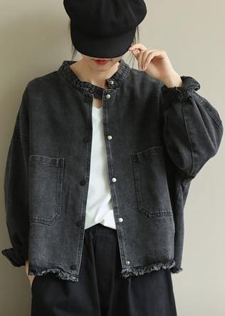 Denim Black Clothes Work Stand Collar Pockets Outwears