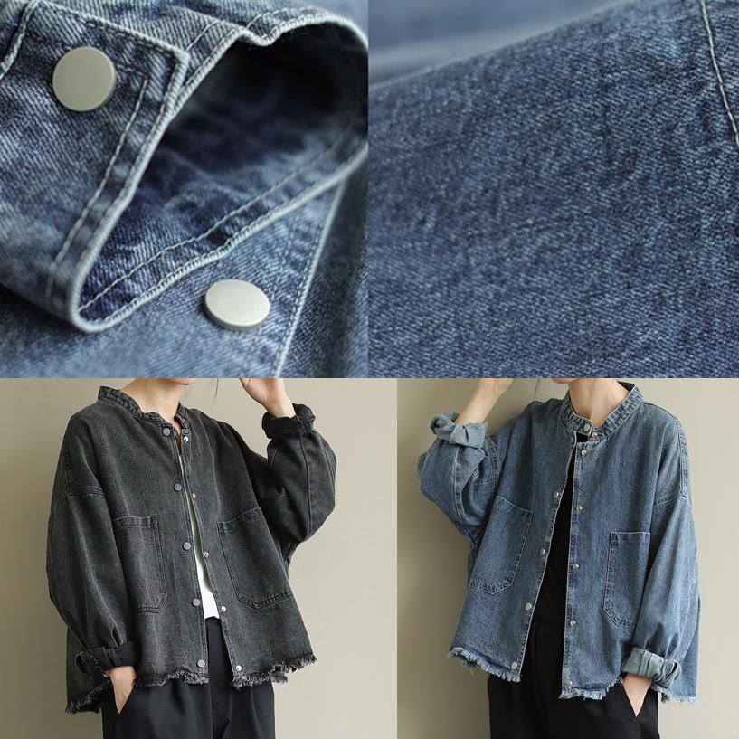 Denim Black Clothes Work Stand Collar Pockets Outwears