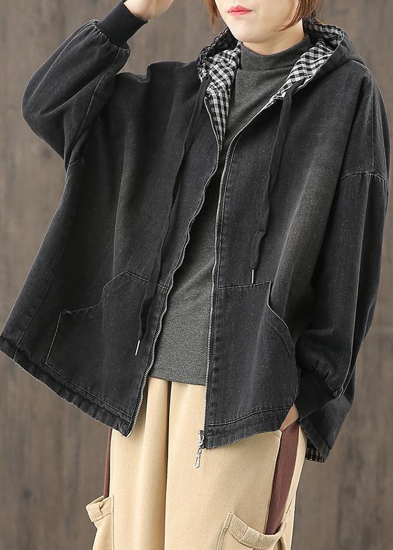 Denim Black Clothes Hooded Pockets Baggy Blouse
