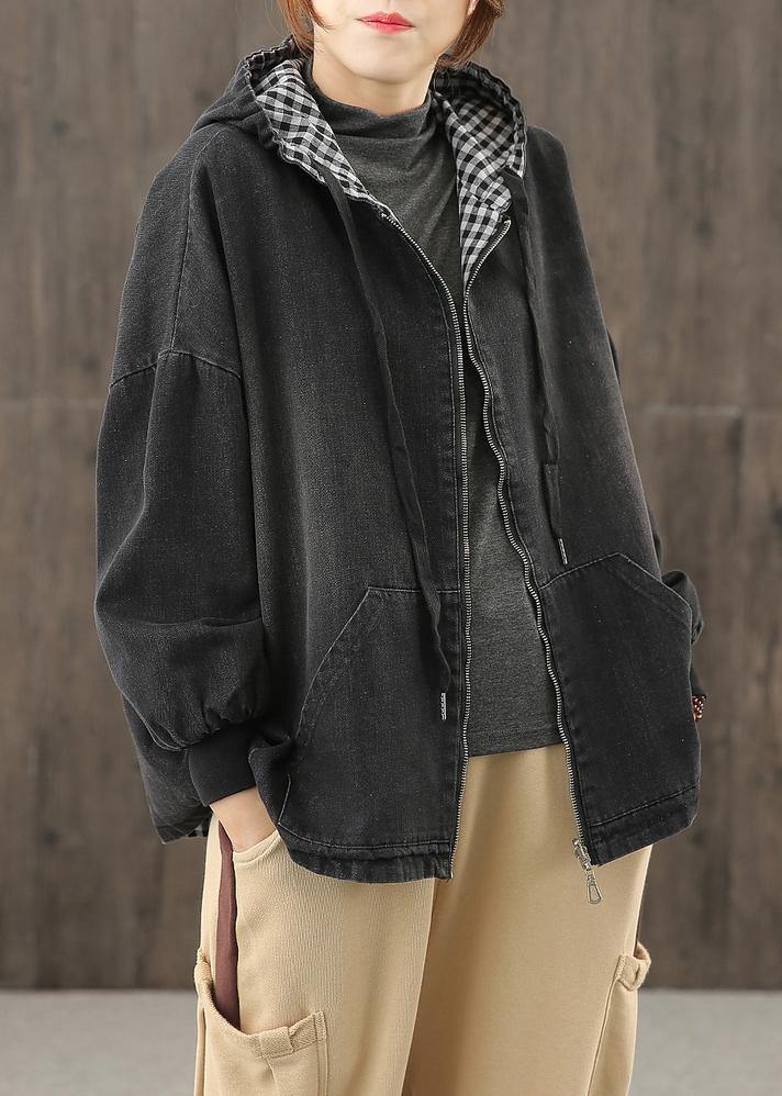 Denim Black Clothes Hooded Pockets Baggy Blouse