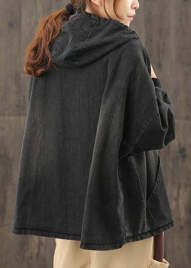 Denim Black Clothes Hooded Pockets Baggy Blouse