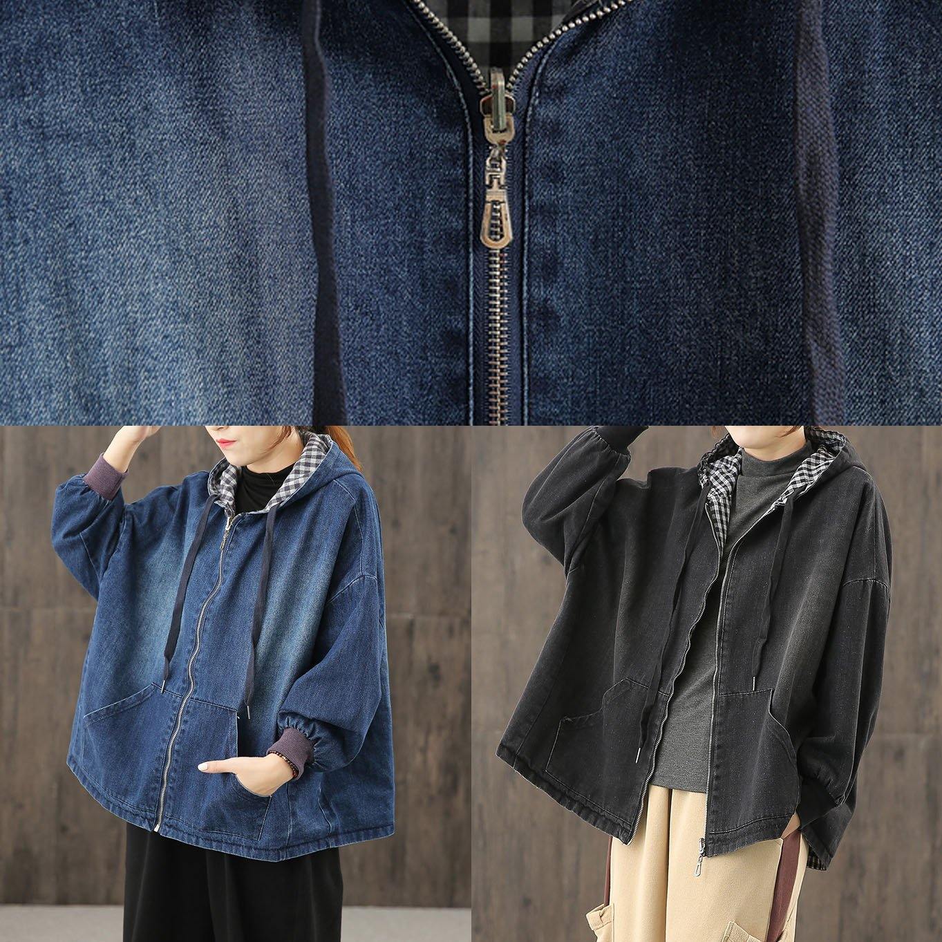 Denim Black Clothes Hooded Pockets Baggy Blouse