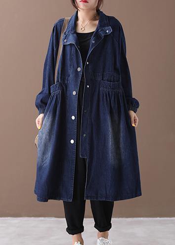 Denim Blue Fine Tunic Pattern Sewing Stand Collar Cinched Jackets