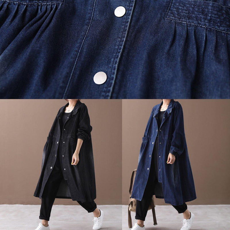 Denim Blue Fine Tunic Pattern Sewing Stand Collar Cinched Jackets