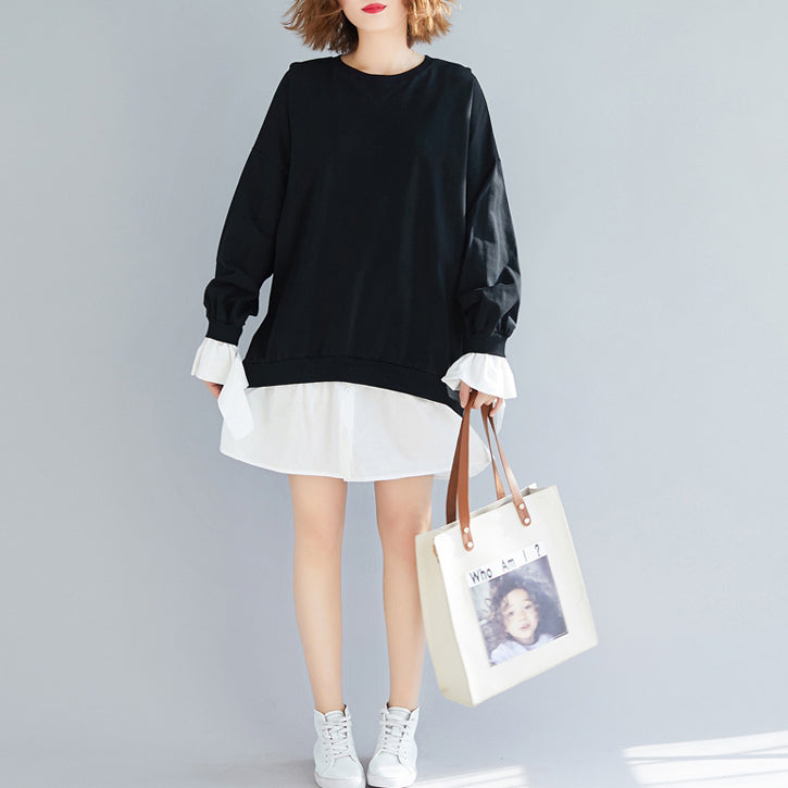 Flare Sleeve Cotton Dresses Stitches Work Outfits Black Shift Dress