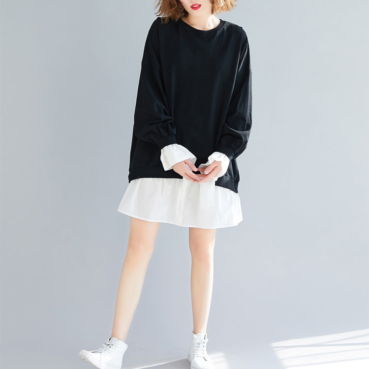 Flare Sleeve Cotton Dresses Stitches Work Outfits Black Shift Dress