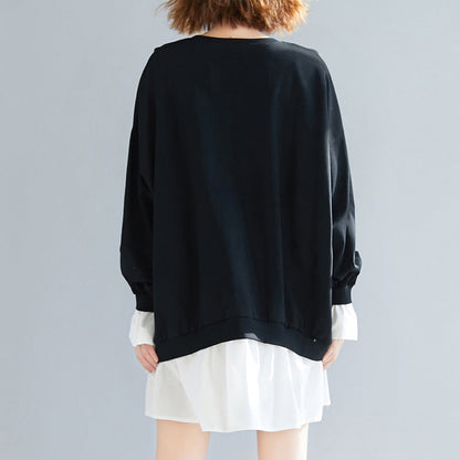 Flare Sleeve Cotton Dresses Stitches Work Outfits Black Shift Dress