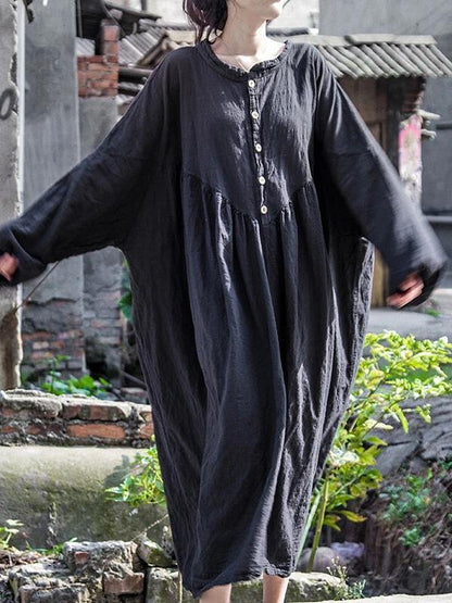 Gray Black Cotton Robes O Neck Long Sleeve a Line Spring Dress