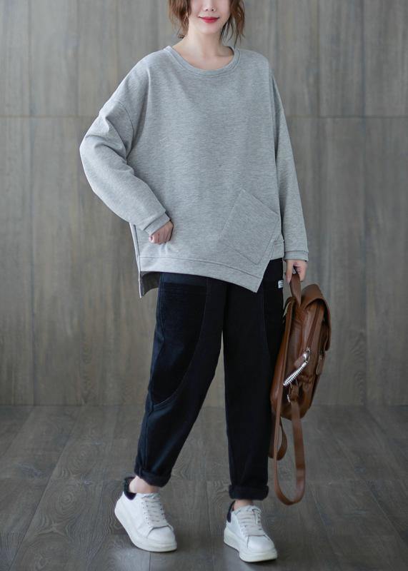 Chic gray clothes For Women o neck asymmetric Midi top