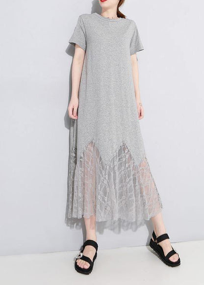 Gray Cotton Clothes Lace Patchwork Maxi Summer Hollow Out Dresses