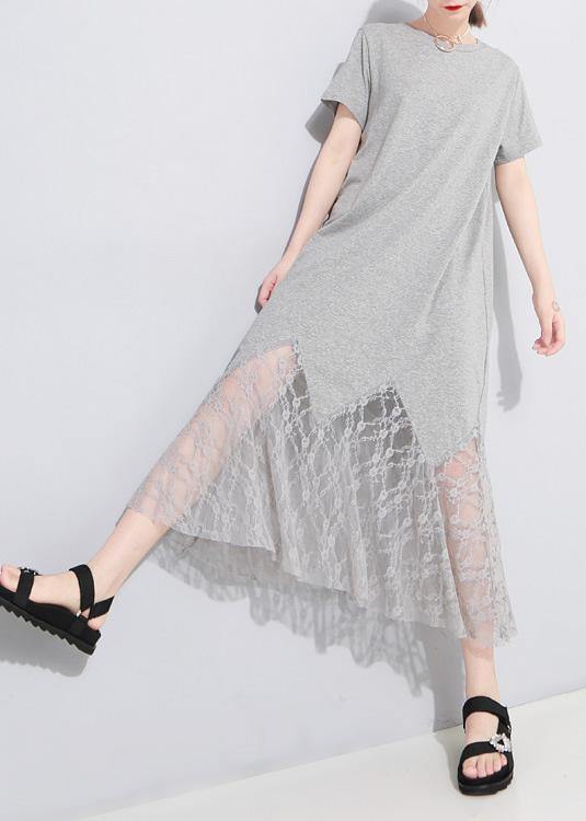 Gray Cotton Clothes Lace Patchwork Maxi Summer Hollow Out Dresses