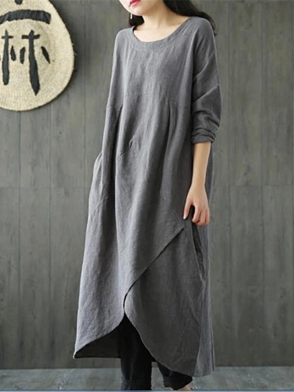 Gray Cotton Linen Dress O Neck Asymmetric Maxi Spring Dresses