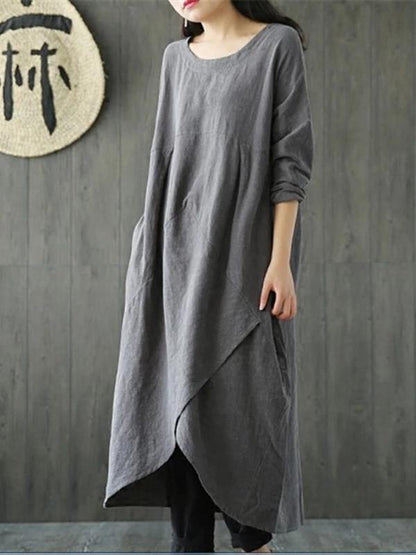 Gray Cotton Linen Dress O Neck Asymmetric Maxi Spring Dresses