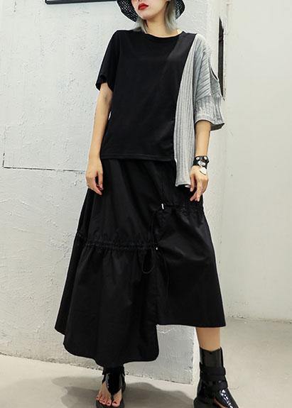 Gray Patchwork Cotton Clothes for Asymmetric Hem Oversized Summer Blouses