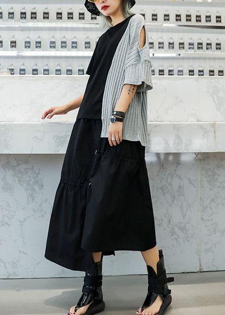 Gray Patchwork Cotton Clothes for Asymmetric Hem Oversized Summer Blouses