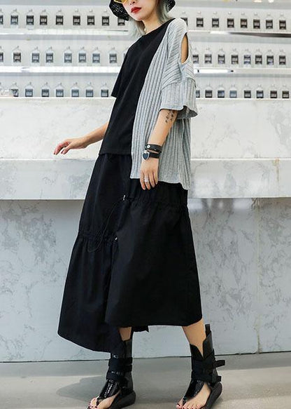 Gray Patchwork Cotton Clothes for Asymmetric Hem Oversized Summer Blouses