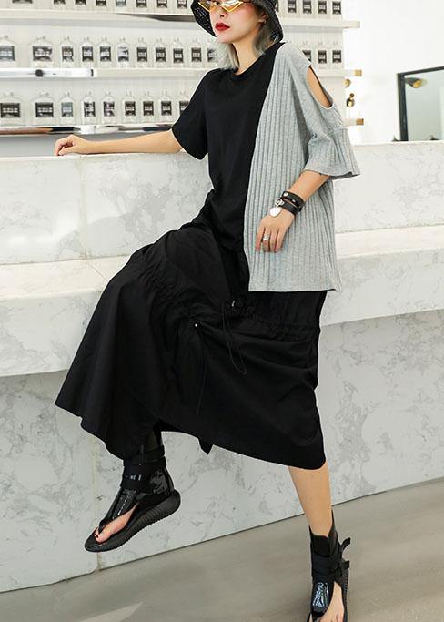 Gray Patchwork Cotton Clothes for Asymmetric Hem Oversized Summer Blouses