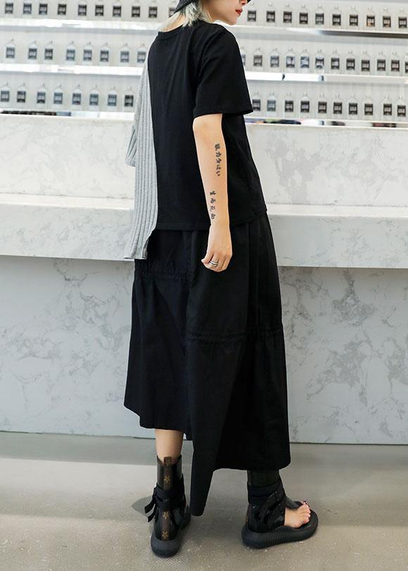 Gray Patchwork Cotton Clothes for Asymmetric Hem Oversized Summer Blouses