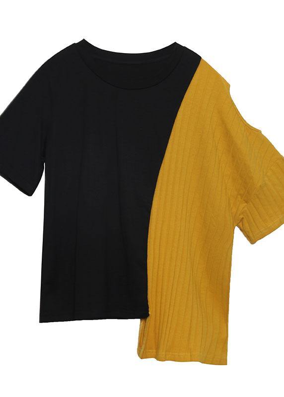 Gray Patchwork Cotton Clothes for Asymmetric Hem Oversized Summer Blouses