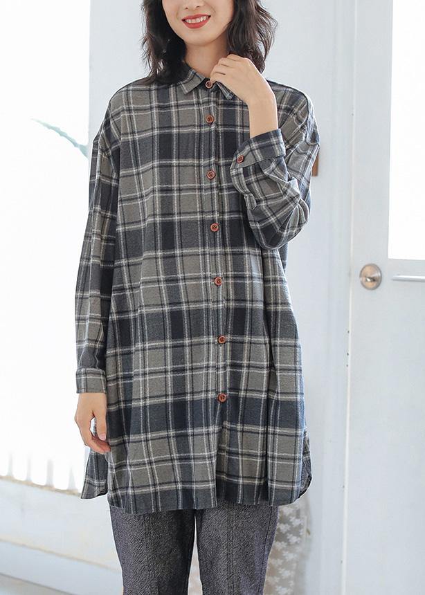 Chic gray plaid cotton blouses for women POLO neck Button tunic top