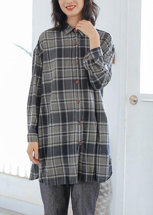 Chic gray plaid cotton blouses for women POLO neck Button tunic top