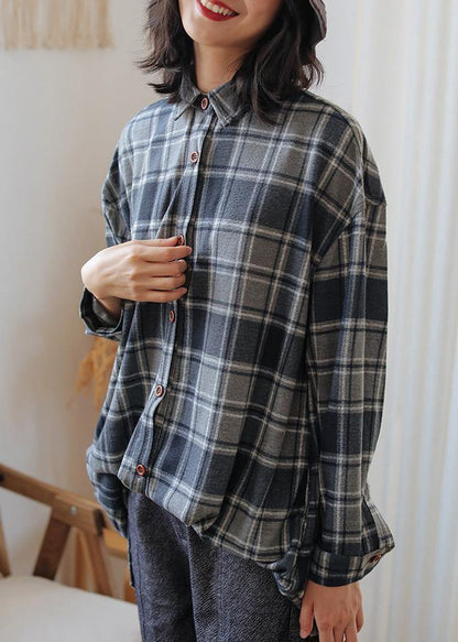 Chic gray plaid cotton blouses for women POLO neck Button tunic top